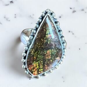 Ammolite Fossil Gemstone Ring 925 Sterling Silver Iridescent Size 7